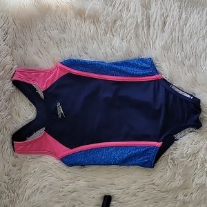 Kids , Girls Speedo swim suit,  Size 5, Bathing Suit,  razor back,Navy/Pink/aqua